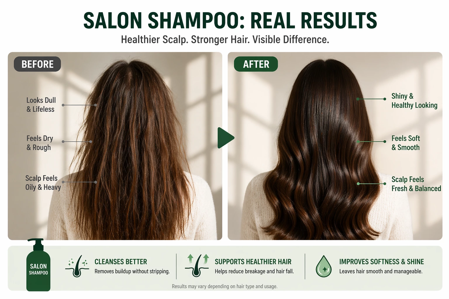 Before and after photos of salon shampoo use