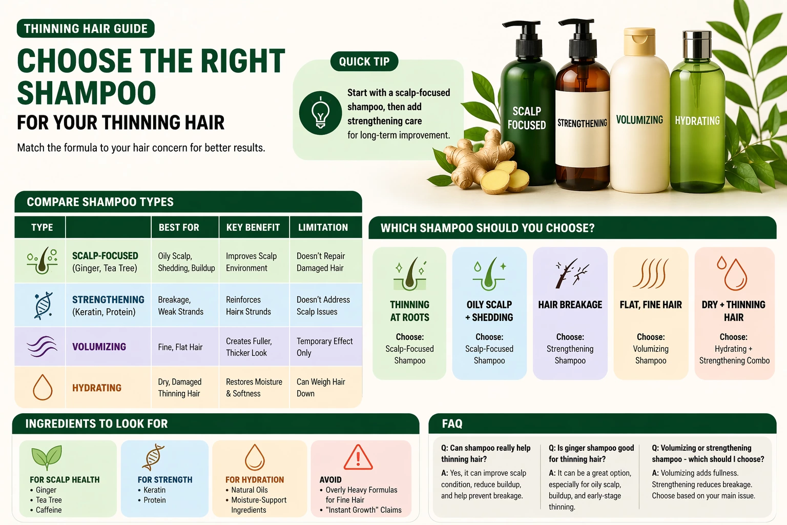 Shampoo for thinning hair, article, raw materials, illustrations